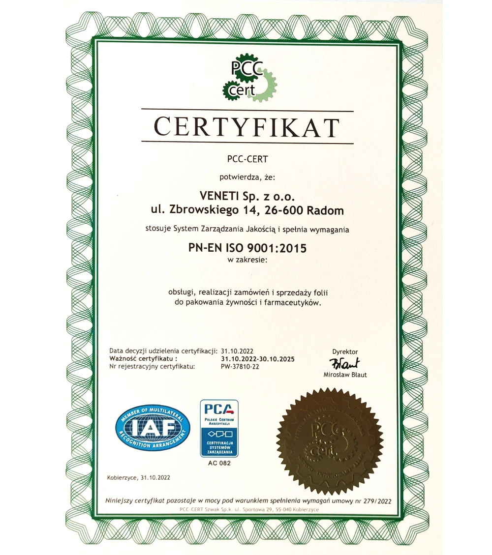 Certyfikat ISO 9001:2015 folia do żywności i farmaceutyków